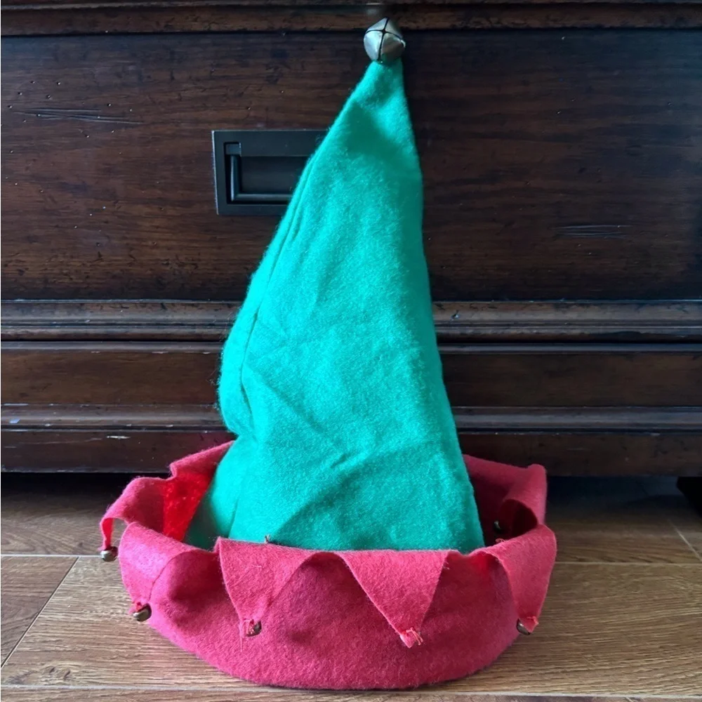 Festive Green and Red Elf Hat with Bells